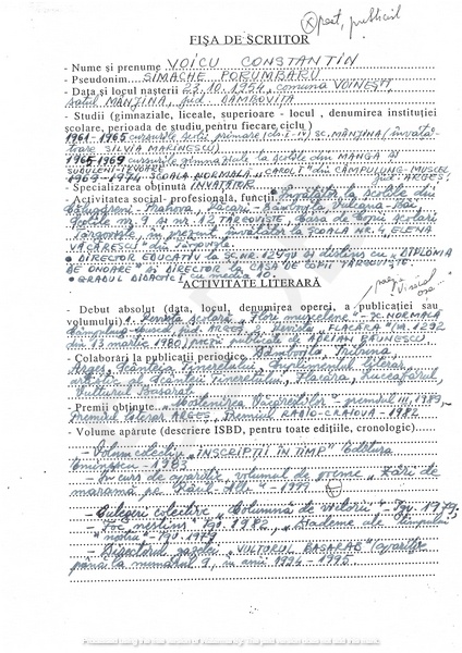 M-1301-1 - Fisa de scriitor VOICU CONSTANTIN